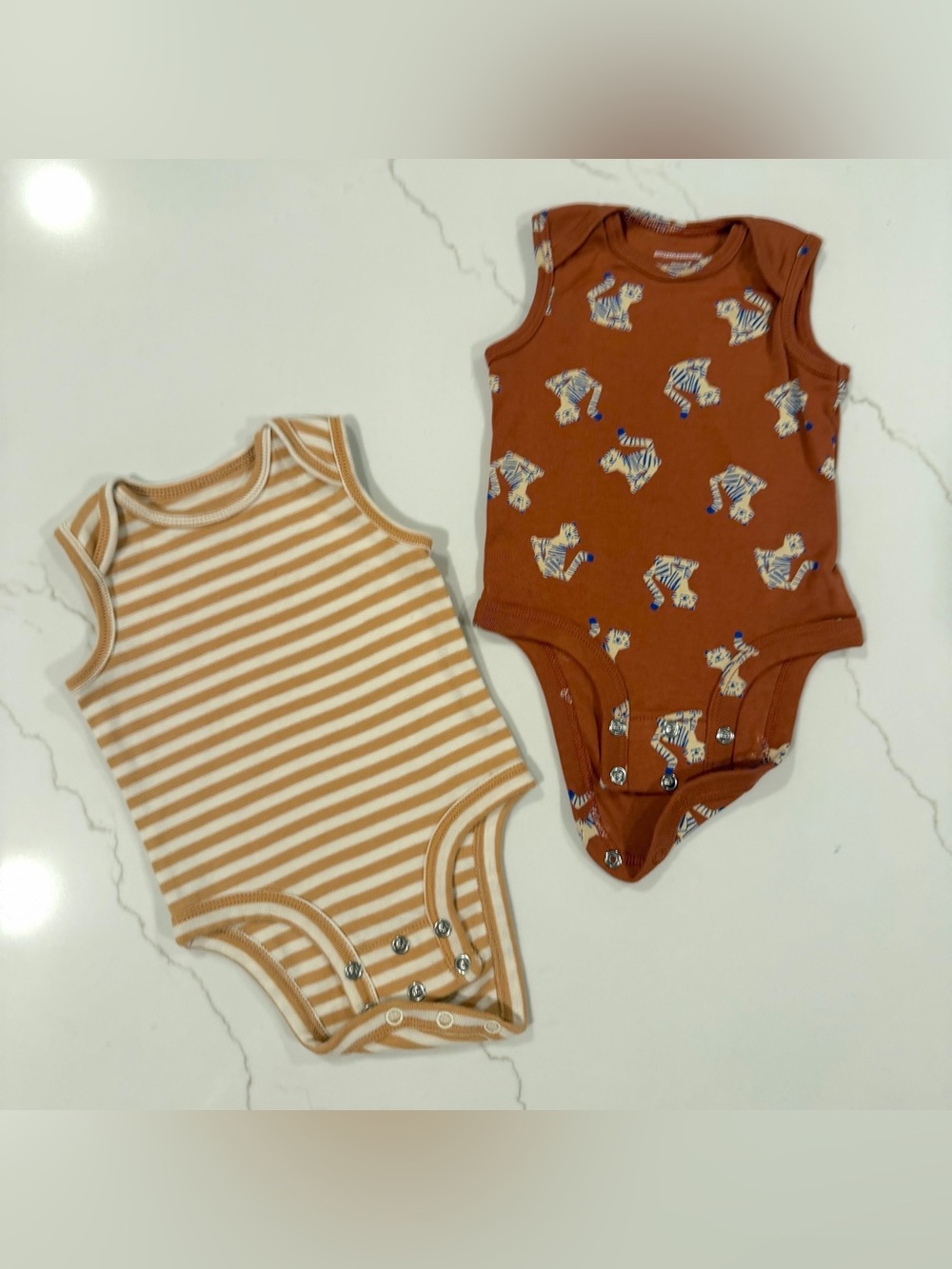 Amazon Essentials Cream-Striped & Rust Animal Print Baby One-Piece Set